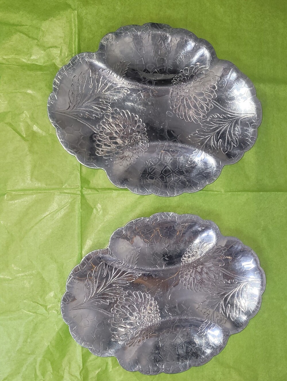 Vintage Forman Floral Scalloped Metal Serving Tray Set - Relish or Trinket Dish